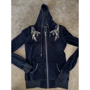 Miss Me Hoodie Women's small Black Velour Embroidered Sequin Beads y2k